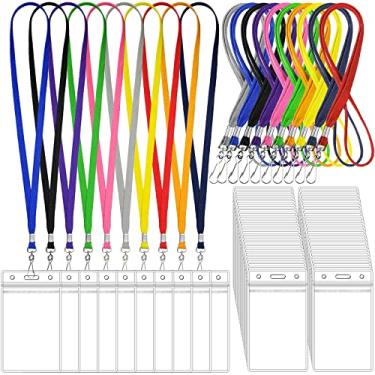 Imagem de 100 conjuntos de cordões para crianças com porta-documentos, cordões coloridos com porta-cartões de identificação à prova d'água, cordões de passagem coloridos com porta-crachá, conjunto de passes personalizados para mulheres, meninas e meninos