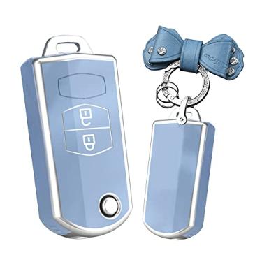 Imagem de HIBEYO Flip 2 botões para Mazda Key Fob Cover Soft TPU Case para Mazda 2 3 5 6 8 Atenza CX5 CX-7 CX-9 MX-5 RX GH Demio Smart Key Holder Acessórios de carro com chaveiros - chaveiro de arco (cinza)