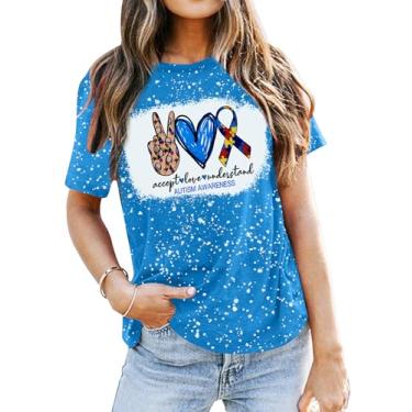 Imagem de Camisetas de conscientização sobre autismo para mulheres Peace Love Autism Shirt Inspiration Casual Bleached Tee Tops, Bleach Blue2, M