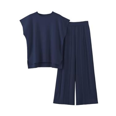 Imagem de TIQOJE Conjunto feminino de duas peças de tricô suéter suéter colete calça de cintura alta conjunto de moletom, Azul marino, Small