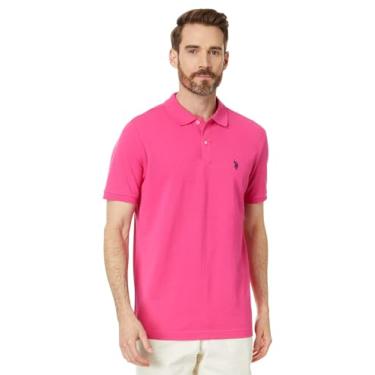 Imagem de U.S. Polo Assn. Camisa polo masculina de piquê de algodão sólido com pequeno pônei, Top grande rosa, G