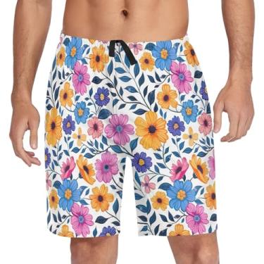 Imagem de CHIFIGNO Bermuda de pijama masculina, calça de pijama curta com bolsos e cordão, Floral retrô - 1, G