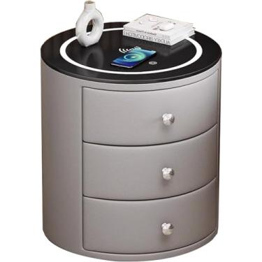 Imagem de Mesa de cabeceira LED, mesa lateral de 3 camadas com gaveta de armazenamento e prateleira, mesa de cabeceira com estação de carregamento e portas USB, mesas de cabeceira rústicas para quarto