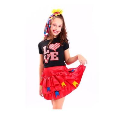 Imagem de Saia Caipira de Festa Junina Infantil C/ Laço e Bandeirinhas - Fantasi