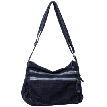 Imagem de GOQUFOY Bolsas jeans para mulheres, bolsa transversal de lona, bolsa de ombro, bolsa de ombro com bolsos, casual, leve, Azul escuro