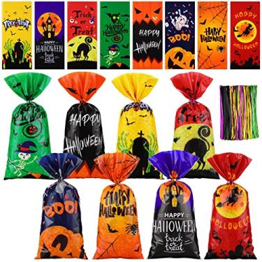 Imagem de Hotop 160 unidades de sacos de celofane de Halloween sacos de lembrancinhas de festa de Halloween sacos de plástico para doces de doces com gravatas, suprimentos de presentes de decoração de festa de