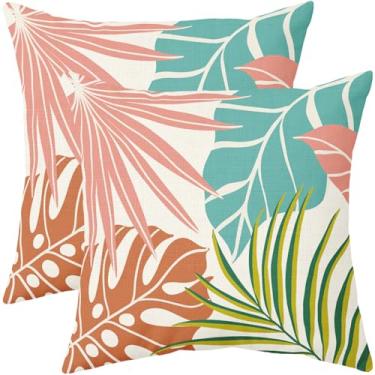 Imagem de Conjunto de 2 capas de almofada tropicais 45,7 x 45,7 cm, rosa, azul, laranja, folhas de palmeira decorativas, para uso ao ar livre, rústico, sazonal, fazenda, capa de almofada, decoração para