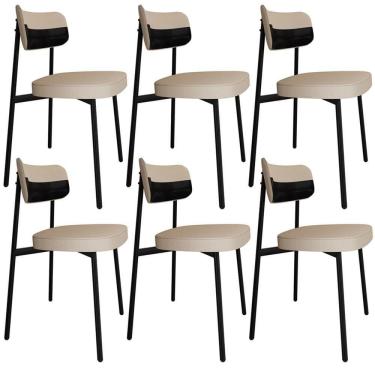 Imagem de Kit 06 Cadeiras Estofada Para Sala De Jantar Astrid Preto C01 Linho Areia Courino Preto - Lyam Decor
