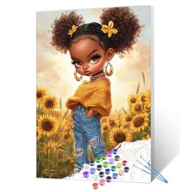 Imagem de Tucocoo Pintura legal para meninas negras por números para adultos, lindo campo de girassóis, faça você mesmo, pintura por número, tinta acrílica, kits de pintura afro, arte para casa, decoração de