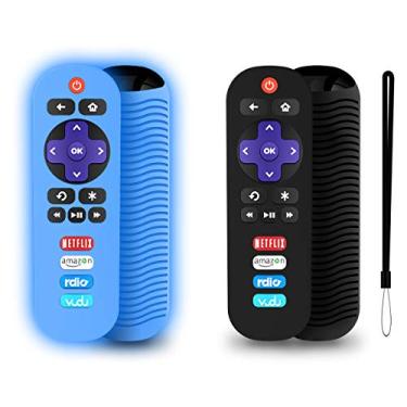 Imagem de Pacote com 2 capas de silicone para controle remoto TCL Roku TV RC280, capa protetora universal de substituição leve à prova de choque TCL Roku TV Remote Cover com cordão (preto + azul brilhante)