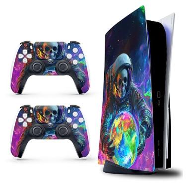 Imagem de Capa adesiva para PS5 - Caveira de astronauta, compatível com edição de disco e edição digital (não versão fina) - 2 capas de controle e capa de console - sem bolhas, proteção total, impermeável