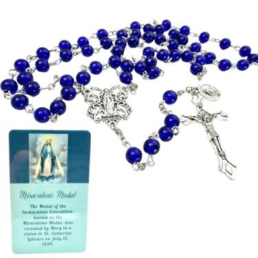 Imagem de Westmon Works Conjunto de medalhas milagrosas rosário de vidro crucifixo de metal e peça central com cartão sagrado