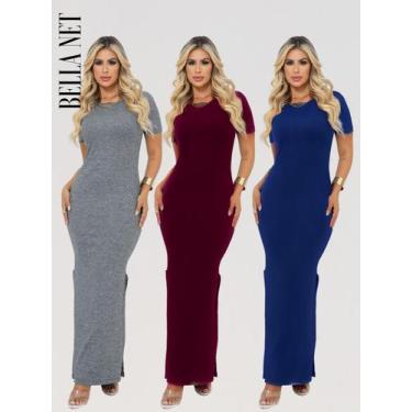 Imagem de KIT 3 Vestidos Longos com Fendas Lindo Manguinha e Gola Redonda Canela