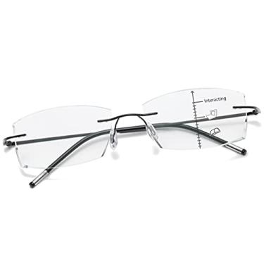Imagem de K.LAVER Óculos De Leitura Fotocromáticos Multifocais Sem Aro, Sol Transição Multifocal Progressivos Para Homens E Mulheres, Corte Diamante, Anti-Luz Azul, Anti-Uv, Dobradiça Mola, Titânio, Grau 1.0