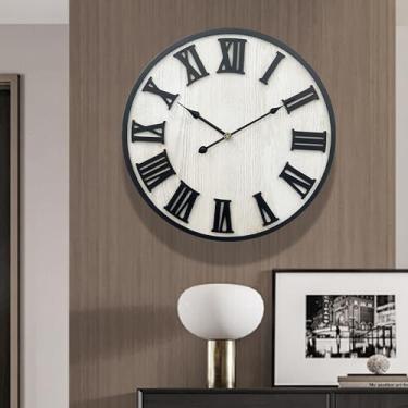 Imagem de Relógios de parede grandes, relógio de parede de casa de fazenda silencioso de madeira sem tique-taque para decoração de sala de estar com algarismos romanos 3D para entrada, casa, escritório