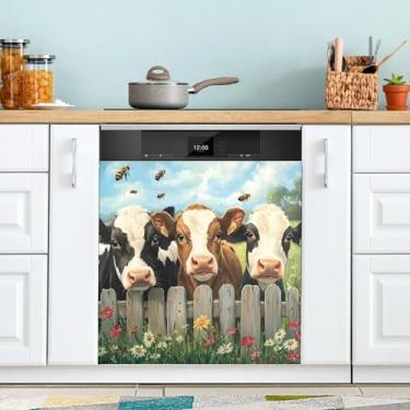 Imagem de Capa magnética para máquina de lavar louça, porta da frente, fazenda, vacas, abelhas, flores, cerca, coberturas decorativas de geladeira, adesivo, máquina de lavar, painel de geladeira, decalque para