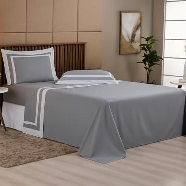 Imagem de Jogo de Lençol Casal Queen King 4 Peças Percal 300 Fios 100% Algodão - Toque Acetinado Suave e Confortável – Enxoval Cama Casa (Cinza, Queen)