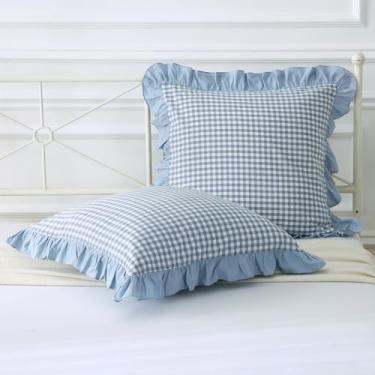 Imagem de Mywinlle Capas de almofada decorativas com babados xadrez azul empoeirado para sofá, pacote com 2 fronhas vintage xadrez de algodão lavado para cama, sofá, sala de estar - 45,72 cm x 45,72 cm