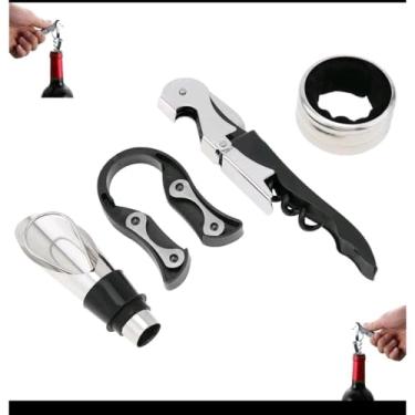 Imagem de Kit Acessórios para Vinho 5 Peças, Conjunto com Saca-Rolhas Profissional, Bico Dosador, Anel Anti-Gotas, Tampa e Corta-Lacres, Preto e Prata, 12cm