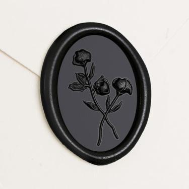Imagem de UNIQOOO Adesivos de lacre de cera - Adesivos de selo de envelope de convite de casamento em formato oval de flor 3D, 50 adesivos pretos autoadesivos, perfeitos para convite, Natal, embrulho de