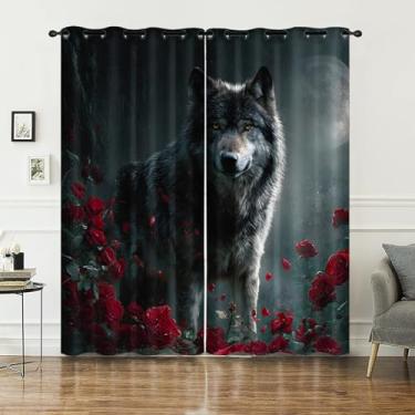 Imagem de AILONEN Cortina de janela com estampa de lobo infantil, estampa de lobo selvagem, tratamentos de janela para meninos, cortinas de flores de rosa vermelha para quarto, sala de estar, 96,5 cm L x 137 cm