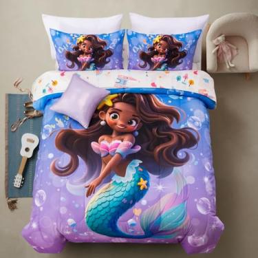 Imagem de A Nice Night Conjunto de edredom Queen com acessório de cabelo de estrela do mar de sereia para meninas, tema oceano, cama casal em uma bolsa com conjunto de lençóis e fronhas