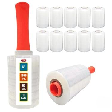 Imagem de Pacote com 12 minienvoltórios extensíveis à mão de força industrial com 2 alças de plástico, calibre 60 de espessura, rolo de 12,7 cm x 1000 m, rolo retrátil para mover paletes, filme plástico para