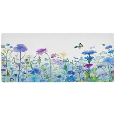 Imagem de Wassud Tapete de mouse de campo de flores em aquarela com base de borracha antiderrapante, mouse pad longo com borda costurada, à prova d'água, grande mesa para escritório, casa, 80 x 30 cm