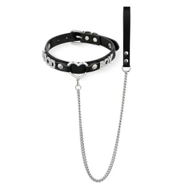 Imagem de Conjunto de coleira e coleira de couro com coração preto, gargantilha gótica ajustável com letras de strass 96 cm, correia de corrente de alumínio durável