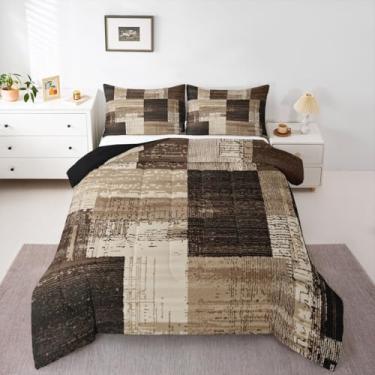 Imagem de jejeloiu Conjunto de edredom geométrico moderno, tamanho Queen, marrom, textura de patchwork, retrô, para crianças, meninos, meninas, arte moderna, edredom de luxo para decoração de quarto de
