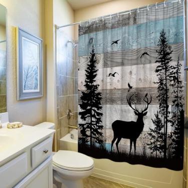 Imagem de Cortina de chuveiro de veado floresta rústica cabana fazenda campo chalé selvagem caça acampamento vintage celeiro placa de madeira conjunto acessórios de banheiro poliéster com gancho 170x170 cm A