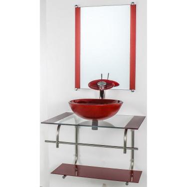 Imagem de Gabinete De Vidro P/Banheiro Inox 60Cm Cuba Redonda Vermelho