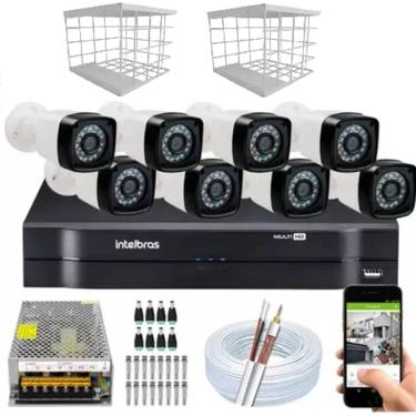 Imagem de Kit 8 Câmeras + DVR Intelbras + Câmeras HD 720p 20m Infravermelho + Fonte, Cabos e Acessórios
