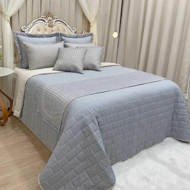 Imagem de Kit Cobre Leito Colcha Luxo King 10 Peças Micropercal 200 Fios Dupla Face Xale Brilhante - Cinza