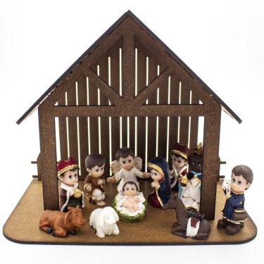 Imagem de Kit Presépio Infantil Resina 11 Peças 6 Cm Com Casinha Mdf