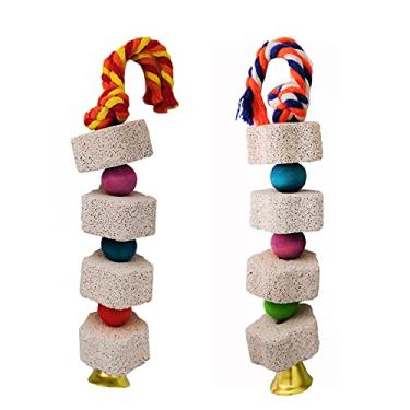 Imagem de Ismeally 2 peças de brinquedo de mastigar de pássaro de estimação pedra vulcânica papagaio brinquedo de mastigar bico aparador pedra de cálcio com sino para hamster chinchila coelho calopsita conure periquito calopsita