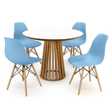 Imagem de Conjunto Mesa de Jantar Redonda Luana Amadeirada Branca 100cm com 4 Cadeiras Eames Eiffel - Azul Claro