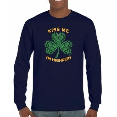 Imagem de Camiseta de manga comprida Kiss Me I'm Hirish Dia de São Patrício Engraçada 420 Weed Smoking Paddy's Shamrock Irish Shenanigans, Azul marinho, 3G
