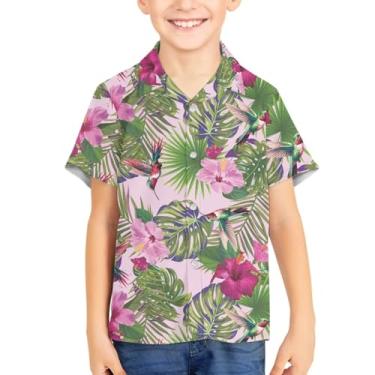 Imagem de Spowatriy Camisetas havaianas de manga curta unissex de verão para crianças, camisa social de botão, camisas Aloha 3-16T, Flor de beija-flor, 13-14 Years