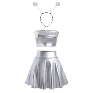 Imagem de Camisa feminina de fantasia de alienígena metálica + minissaia holográfica + faixa de cabeça marciana roupas de rave Halloween cosplay, Prata (tops de tubo), GG