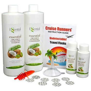 Imagem de CRUISE RUNNERS Kit de frasco de plástico de condicionador de xampu falso para esconder bebidas escondidas contrabandeando álcool em cruzeiros com 2 garrafas TSA tamanho de viagem e selos para corredores de rum para cruzeiros