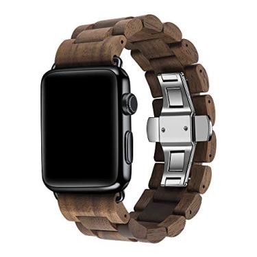 Imagem de Kinobo Pulseira de madeira compatível com Apple Watch, pulseira de madeira natural 100% ecológica para iWatch séries 5, 4, 3, 2, 1, Sport, Edition, Aço inoxidável