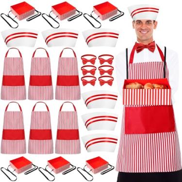 Imagem de Suhine O kit de fantasia de garçom de Halloween dos anos 50 inclui chapéu de chef, gravata borboleta, bandeja de lanche com alça e avental listrado vermelho e branco para adultos, homens e mulheres,