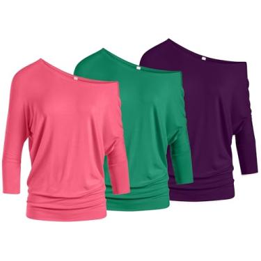 Imagem de Camisetas femininas Dolman com ombros de fora e cintura com faixa de manga 3/4, tamanhos regulares e plus size, Fúcsia, esmeralda, roxo, XXG