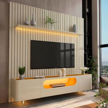 Imagem de Rack com Painel para TV Até 85 Polegadas Nobre 2 Portas Ripado 100% Mdf com Vidro Off White/Naturalle - Gelius