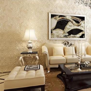 Imagem de Q QIHANG Papel de parede 3D europeu Damasco não tecido para sala de casamento quente, quarto, sala de estar, fundo de TV - não colado, 4,8 m L x 82,8 m C (amarelo arroz)