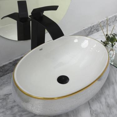 Imagem de Kit Cuba Pia Louça Cerâmica Banheiro C/Torn E Vál Preto 97