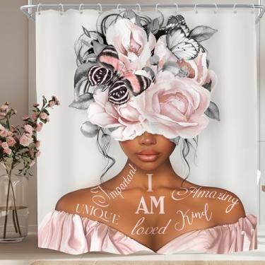Imagem de MESHELLY Cortina de chuveiro para meninas negras 72Lx72H cinza rosa cortina de chuveiro peônia floral afro-americana citações motivacionais cortina de banheiro cinza borboleta tecido acessórios de