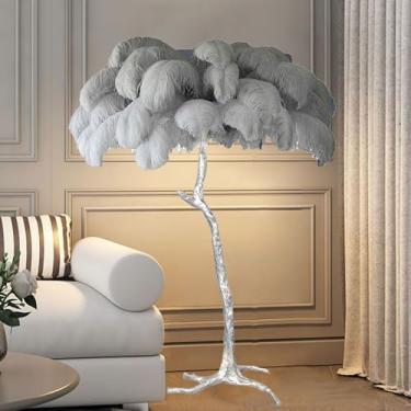 Imagem de Lâmpada de pé de resina com corpo de lâmpada prateada Lâmpada de piso de pena de avestruz natural, lâmpada de pé simples regulável em 3 cores, luminária moderna para quarto, sala de estar