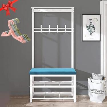 Imagem de Cabideiro, sapateira 4 em 1 para entrada, prateleira de armazenamento de 2 camadas e 7 ganchos removíveis, árvore de casaco industrial moderna rústica com prateleira e escorredor de roupas